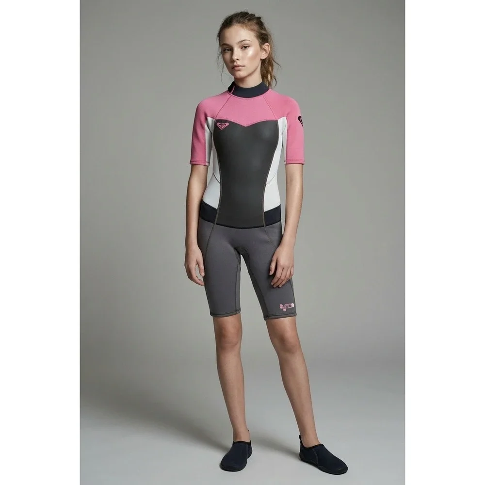 NWT Roxy Syncro Girls Size 6 Pink Grey‎ Shorty Wetsuit 2/2mm ARJW503001